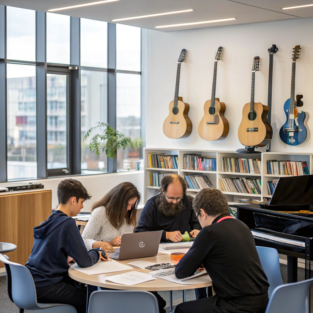 Display of popular musical instruments like guitars and ukuleles